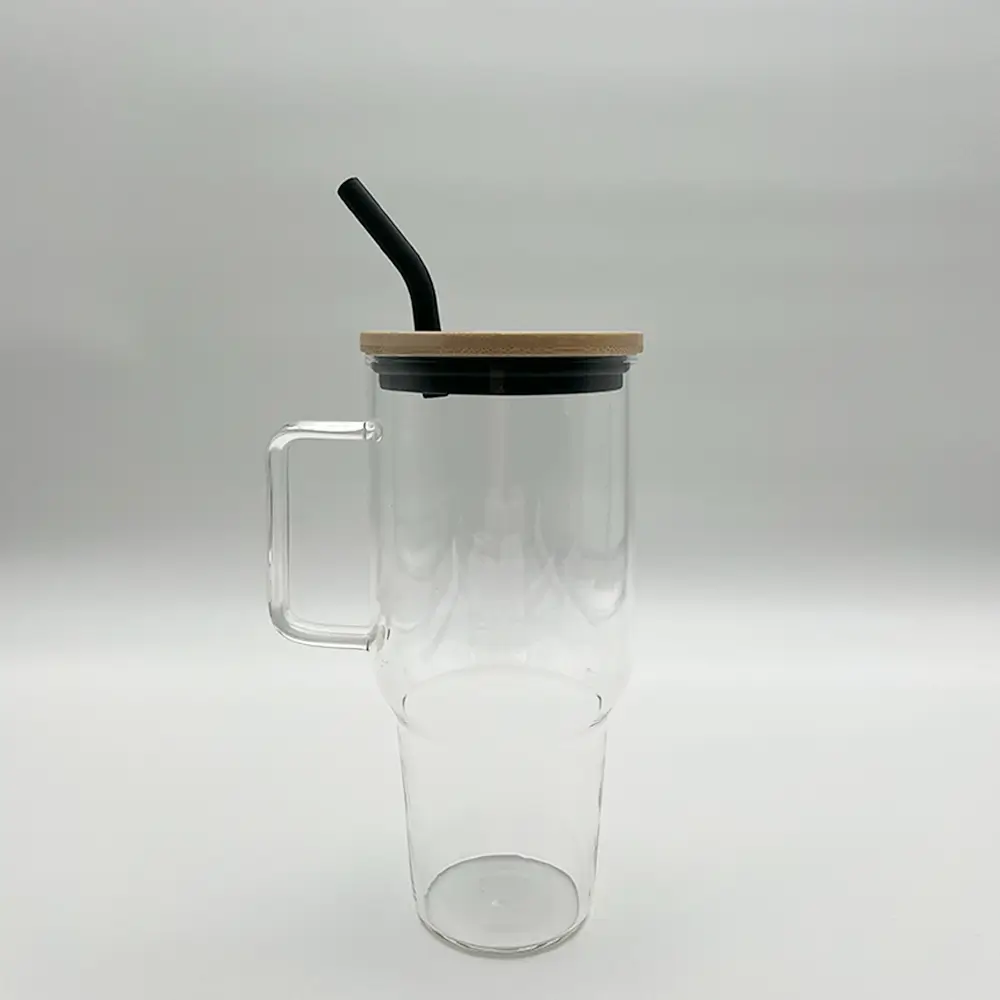 1000 ml Bambu Kapaklı Pipetli Cam Kupa